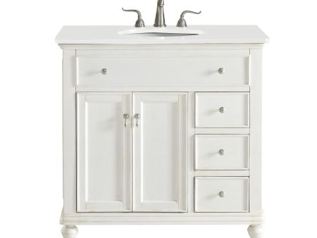 36 Inch Single Bathroom Vanity In Antique White With Ivory White Engineered Marble For Cheap