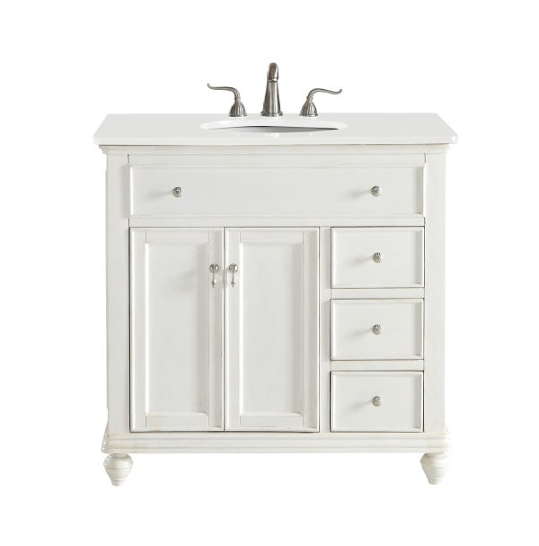 36 Inch Single Bathroom Vanity In Antique White With Ivory White Engineered Marble For Cheap