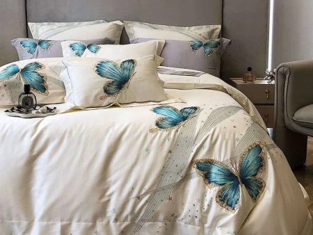 Elegant Blue Butterfly Embroidered Egyptian Cotton Bedding Set For Sale