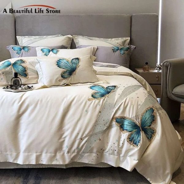 Elegant Blue Butterfly Embroidered Egyptian Cotton Bedding Set For Sale