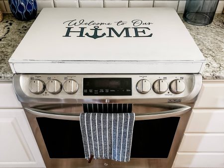 Welcome to our home - lake house anchor ivory distressed stove cover Online now