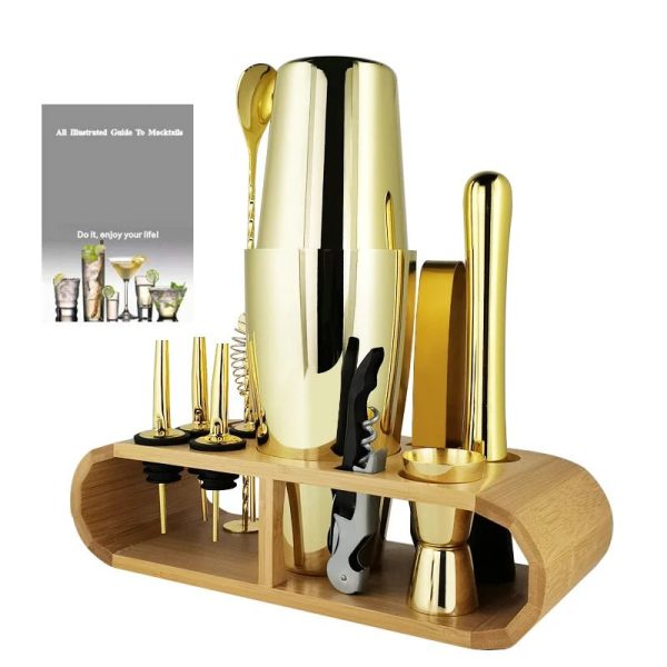 Gold Boston Cocktail Shaker Set with Bamboo Stand For Sale