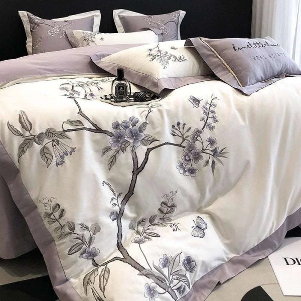 Purple Flower Embroidered Bedding Set Online