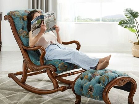 American Solid Wood Rocking Chair Balcony Casual Lunch Break Recliner Fabric Genuine Leather Simple Leisure Chair Living Room Adult Couch Cheap