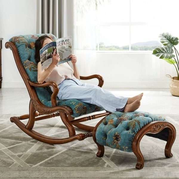 American Solid Wood Rocking Chair Balcony Casual Lunch Break Recliner Fabric Genuine Leather Simple Leisure Chair Living Room Adult Couch Cheap