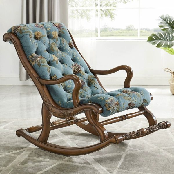 American Solid Wood Rocking Chair Balcony Casual Lunch Break Recliner Fabric Genuine Leather Simple Leisure Chair Living Room Adult Couch Cheap