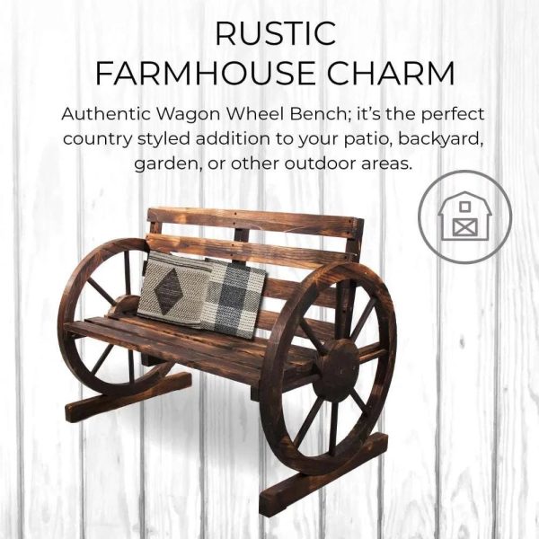 Rustic Wood Wagon Wheel Patio Bench - Charming Outdoor Farmhouse Seating Hot on Sale