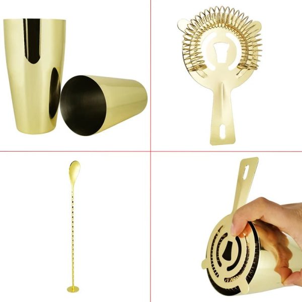 Gold Boston Cocktail Shaker Set with Bamboo Stand For Sale