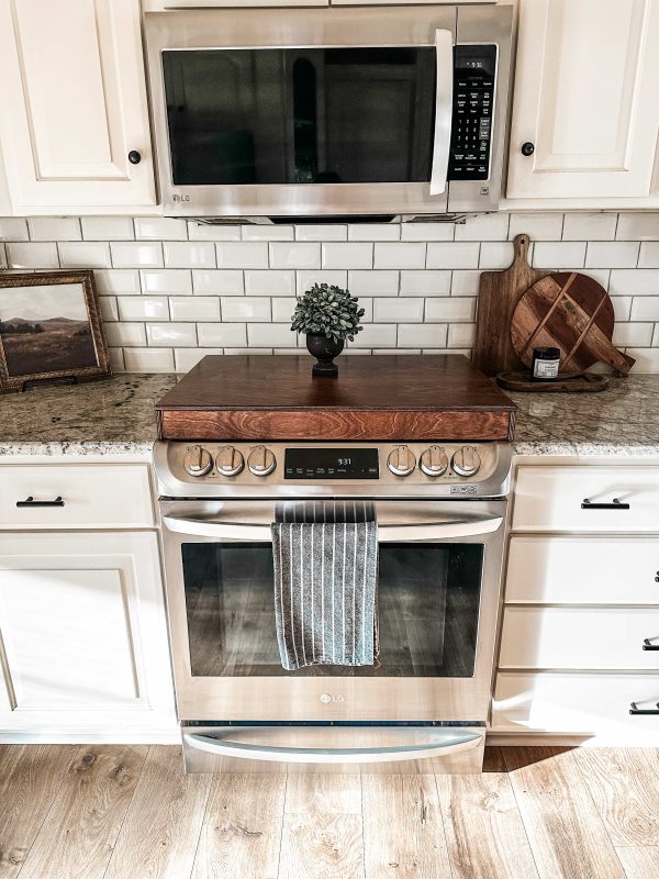 Clean and simple red oak stain color stove cover Online now