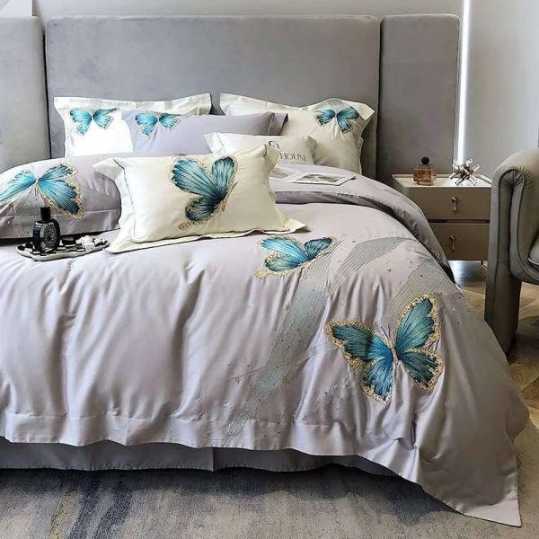 Elegant Blue Butterfly Embroidered Egyptian Cotton Bedding Set For Sale