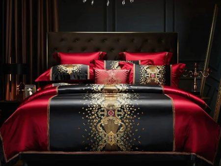 Luxury Black Red Silk Satin & Egyptian Cotton 8Pcs Bedding Set with Embroidery Hot on Sale