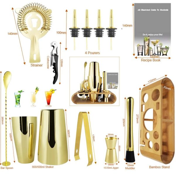 Gold Boston Cocktail Shaker Set with Bamboo Stand For Sale