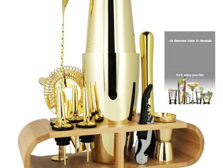 Gold Boston Cocktail Shaker Set with Bamboo Stand For Sale