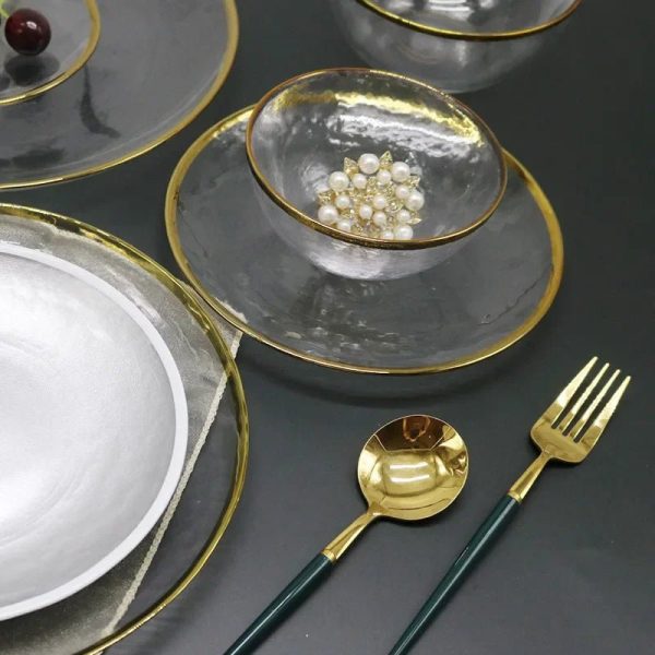 Julia M Lifestyles Nordic Glass Dining Plate Set - Modern Style with Golden Edge For Cheap