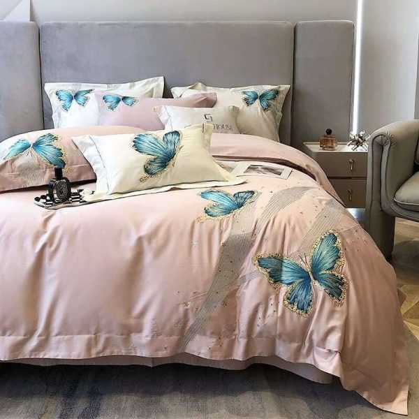 Elegant Blue Butterfly Embroidered Egyptian Cotton Bedding Set For Sale