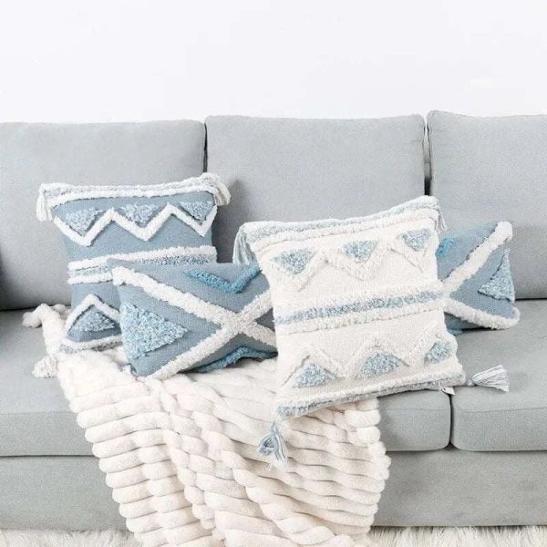 Blue Geometric Tufted Bohemian Pillow Covers Tassels Lengthen Bedroom Sofa Pillow Case For Living Room Sofa Home Decoration Hot on Sale