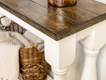 Entry table with baluster legs in white with warm brown top Discount