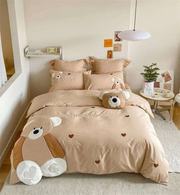 Cute Cartoon Bear Applique Washed Cotton Child Bedding Set Online now