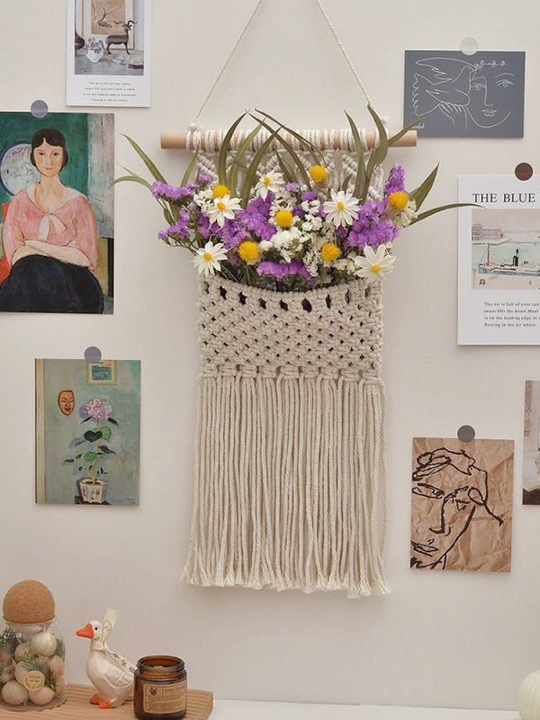 Hand-Woven Cotton Rope Tapestry with Dried Flower Pocket Online Hot Sale