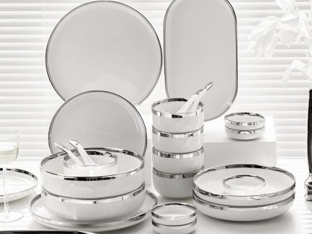 Elegant Silver-Edged Ceramic Dinner Set Cheap