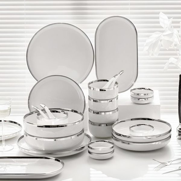 Elegant Silver-Edged Ceramic Dinner Set Cheap