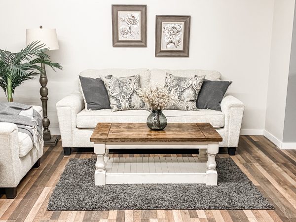 Baluster rectangle farmhouse coffee table distressed with warm brown top For Cheap