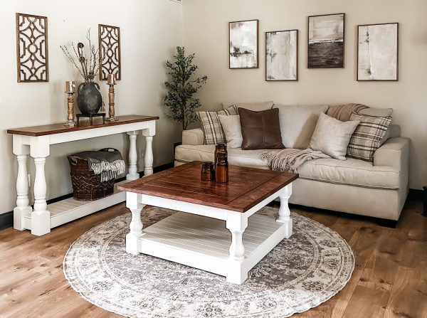 Rustic baluster square farmhouse coffee table in red oak on Sale