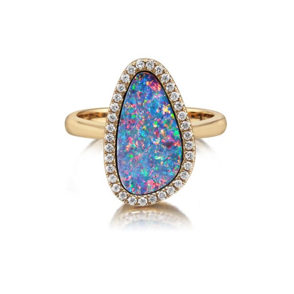 14K Yellow Gold Australian Opal Doublet Diamond Ring Discount