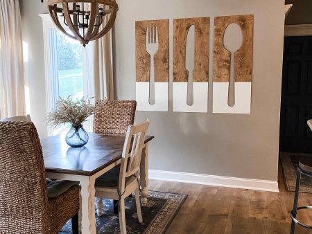 Fork, spoon, and knife set handmade of wood wall decor in white Hot on Sale