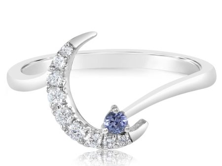 14K White Gold Sapphire Diamond Moon Ring on Sale