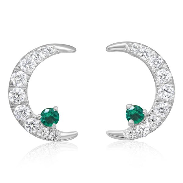 14K White Gold Emerald Diamond Moon Earrings Online Hot Sale