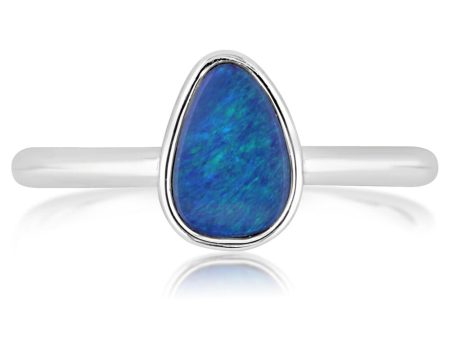 14K White Gold Australian Opal Doublet Smooth Shank Ring Cheap