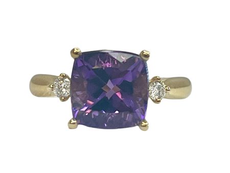 14k Yellow Gold 2.92ct Amethyst & .13cttw Diamond Three Stone Ring Fashion