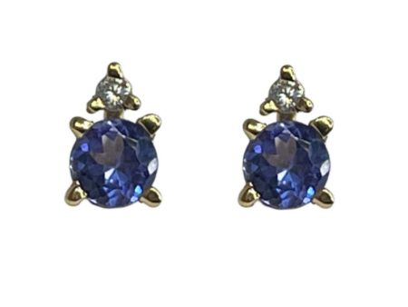 14k Yellow Gold .57cttw Tanzanite & .02cttw Diamond Stud Earrings on Sale