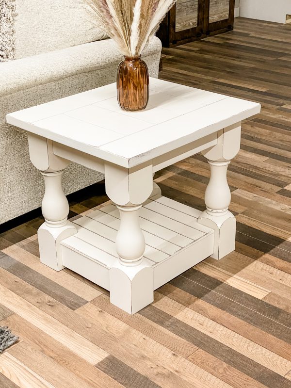 Rustic baluster farmhouse end table ivory distressed For Discount