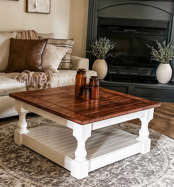 Rustic baluster square farmhouse coffee table in red oak on Sale