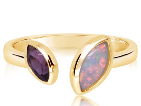 14K Yellow Gold Australian Opal Purple Garnet Ring on Sale