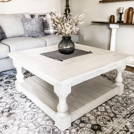 Rustic baluster square farmhouse coffee table all over painted and distressed on Sale