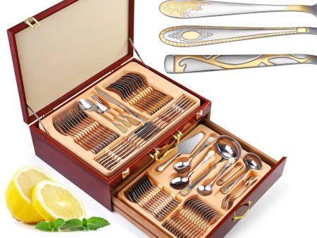 Christmas Tableware Set 72 84-piece Cutlery Set Gold-plated Crown Stainless Steel Knife Fork Spoon Gift Box Supply