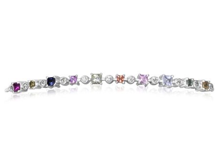 14K White Gold Rainbow Sapphire Diamond Bracelet For Sale