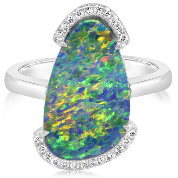 14K White Gold Australian Opal Doublet Diamond Ring Fashion