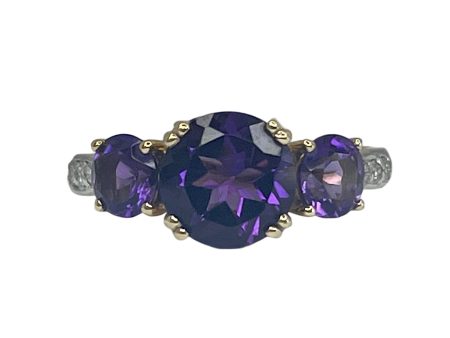 14k Yellow Gold 2.46cttw Amethyst & .09cttw Diamond Three Stone Ring For Discount