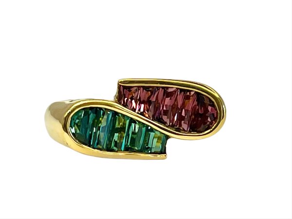 18k Yellow Gold Designer Pink and Green Tourmaline Ring For Cheap