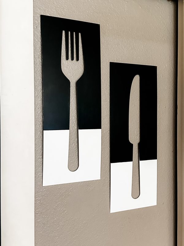 Fork, spoon, and knife set handmade of wood wall decor in black and white Online Sale