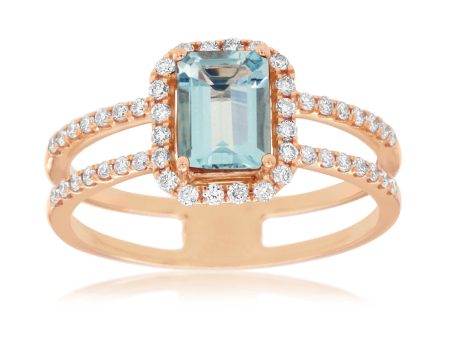 14K Rose Gold .87ct Aquamarine & .30cttw Diamond Halo Fashion Ring Cheap