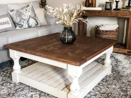 Rustic baluster square farmhouse coffee table distressed warm brown Fashion