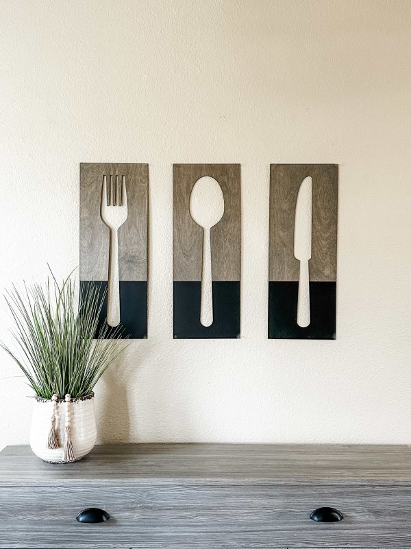 Fork, spoon, and knife wall decor in dark charcoal with aged barrel stain For Sale