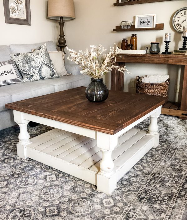 Rustic baluster square farmhouse coffee table distressed warm brown Fashion