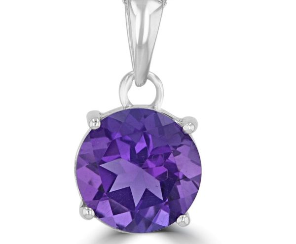 14k White Gold 1.69ct Round Amethyst Solitaire Pendant For Sale