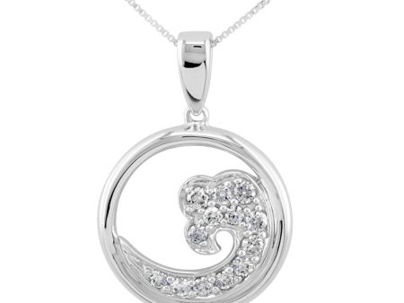 14K White Gold White Diamond Wave 15mm Pendant For Sale